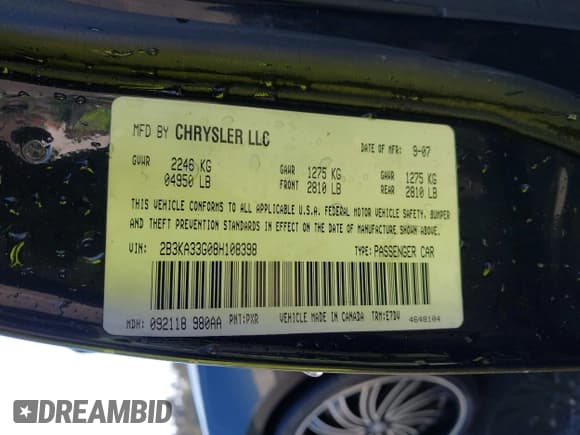 ✅ 2008 Dodge Charger SXT • VIN: 2B3KA33G08H108398 • Lot: 43694032. Listed on IAAI with 189,985 mi. Free auction sales archive from the USA and detailed vehicle history report at DreamBid. Image 9.