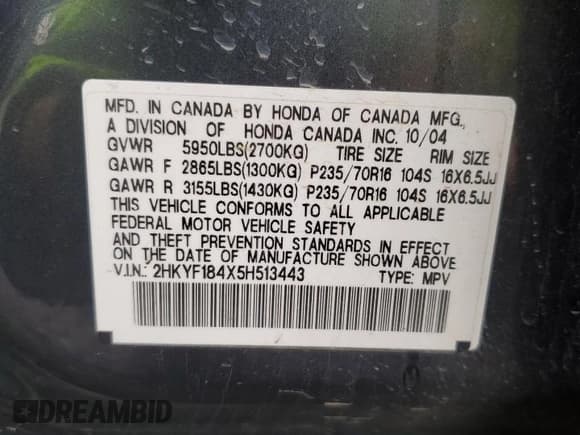 ✅ 2005 Honda Pilot EX • VIN: 2HKYF184X5H513443 • Lot: 85413475. Listed on Copart with 172,653 mi. Free auction sales archive from the USA and detailed vehicle history report at DreamBid. Image 13.