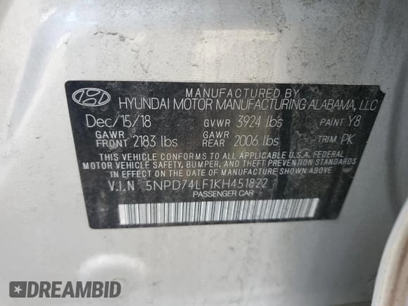 ✅ 2019 Hyundai Elantra SE • VIN: 5NPD74LF1KH451822 • Lot: 91448405. Listed on Copart with 52,879 mi. Free auction sales archive from the USA and detailed vehicle history report at DreamBid. Image 13.