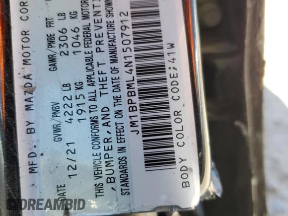 ✅ 2022 Mazda 3 Premium • VIN: JM1BPBML4N1507912 • Lot: 68704695. Wystawiony na Copart z przebiegiem Nie podano. Bezpłatny archiwum sprzedaży aukcyjnych z USA i szczegółowy raport historii pojazdu na DreamBid. Zdjęcie 12.