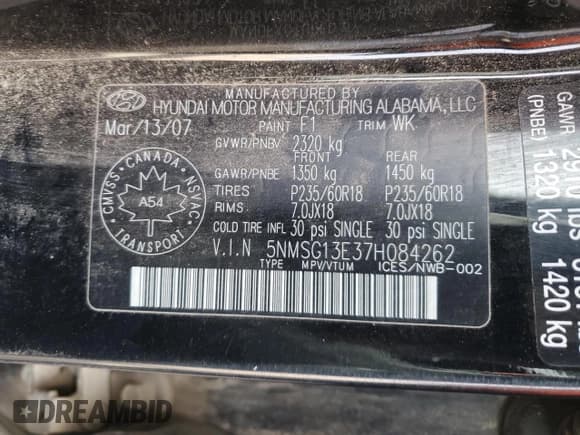 ✅ 2007 Hyundai Santa Fe GL 5Pass • VIN: 5NMSG13E37H084262 • Lot: 85652495. Listed on Copart with Not provided. Free auction sales archive from the USA and detailed vehicle history report at DreamBid. Image 13.