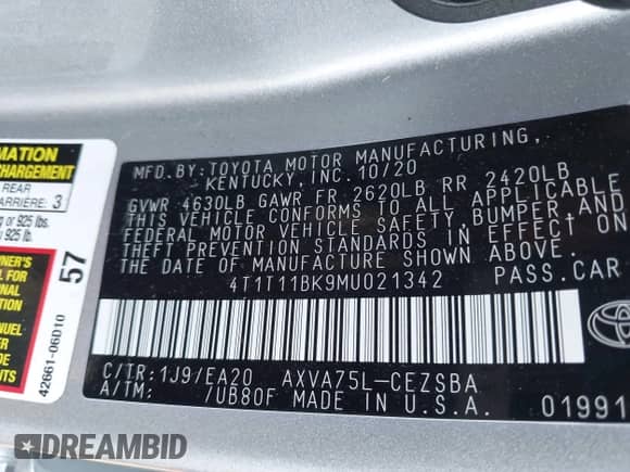 2021 Toyota Camry SE with VIN 4T1T11BK9MU021342, listed as a IAAI auction lot 42947451 with 71,105 mi miles and . Bid and sale history available at DreamBid. Image 9.