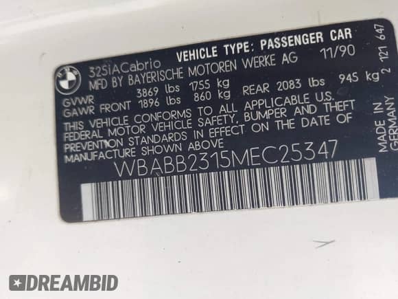 1991 BMW 3 Series z VIN WBABB2315MEC25347, wystawiony jako IAAI lot #42422155 z przebiegiem 163 909 mil mil oraz . Historia ofert i sprzedaży dostępna na DreamBid. Obrazek 9.