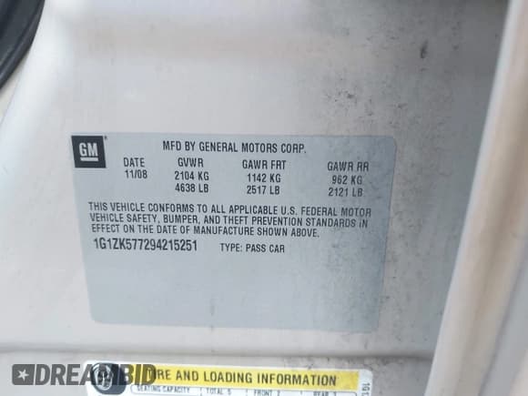 ✅ 2009 Chevrolet Malibu LTZ • VIN: 1G1ZK577294215251 • Lot: 42961371. Listed on IAAI with 112,261 mi. Free auction sales archive from the USA and detailed vehicle history report at DreamBid. Image 9.