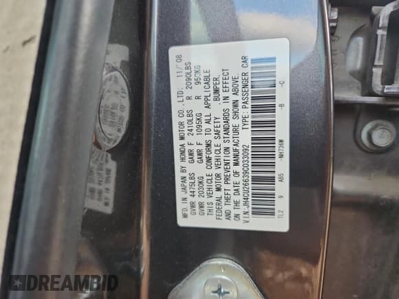 ✅ 2009 Acura TSX • VIN: JH4CU26639C033092 • Lot: 92294505. Listed on Copart with 216,548 mi. Free auction sales archive from the USA and detailed vehicle history report at DreamBid. Image 12.