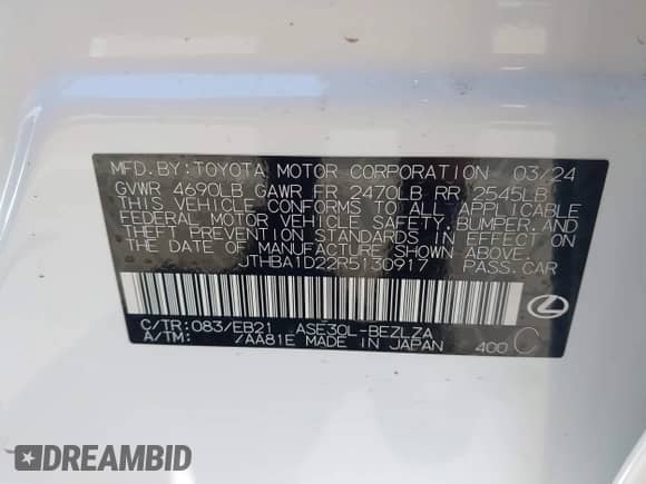 2024 Lexus IS 300 с VIN JTHBA1D22R5130917, выставлен на аукционе IAAI как лот 42931802 с пробегом 17 809 миль миль и . История ставок и продаж доступна на DreamBid. Изображение 9.