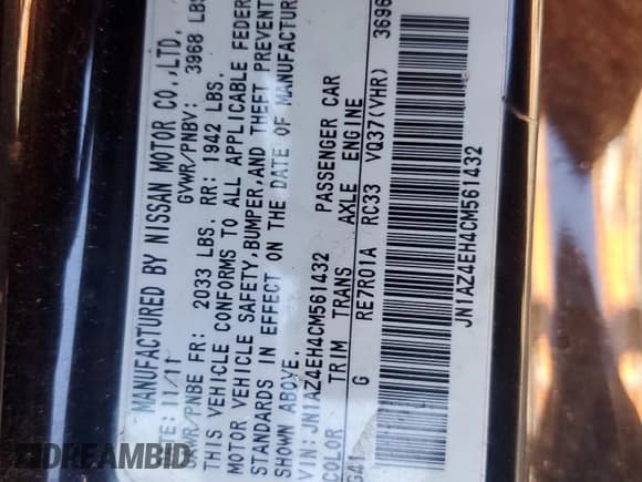 ✅ 2012 Nissan 370Z Touring • VIN: JN1AZ4EH4CM561432 • Lot: 89376935. Listed on Copart with 128,955 mi. Free auction sales archive from the USA and detailed vehicle history report at DreamBid. Image 12.