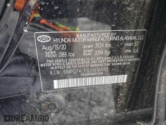 2020 Hyundai Elantra SE with VIN 5NPD74LF1LH616690, listed as a Copart auction lot 60151175 with 27,235 mi miles and Salvage title. Bid and sale history available at DreamBid. Image 13.