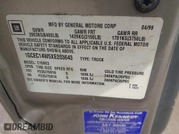 ✅ 1999 Chevrolet Silverado 1500 • VIN: 1GCEC14W5XE203643 • Lot: 43342235. Listed on IAAI with Not provided. Free auction sales archive from the USA and detailed vehicle history report at DreamBid. Image 9.