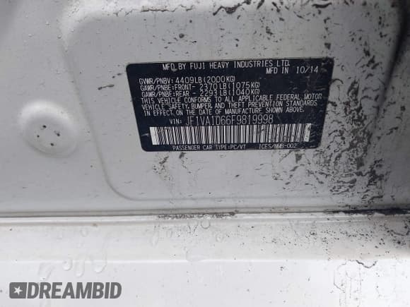 ✅ 2015 Subaru WRX Premium • VIN: JF1VA1D66F9819998 • Lot: 42458202. Listed on IAAI with 196,109 mi. Free auction sales archive from the USA and detailed vehicle history report at DreamBid. Image 9.