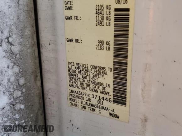 ✅ 2017 Nissan Maxima S • VIN: 1N4AA6AP7HC371446 • Lot: 54222095. Listed on Copart with 82,760 mi. Free auction sales archive from the USA and detailed vehicle history report at DreamBid. Image 12.