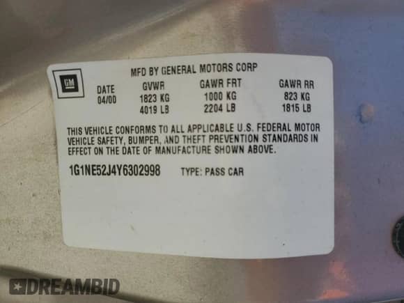 2000 Chevrolet Malibu LS z VIN 1G1NE52J4Y6302998, wystawiony jako Copart lot #47807705 z przebiegiem 85 495 mil mil oraz Czysty tytuł • Clean title. Historia ofert i sprzedaży dostępna na DreamBid. Obrazek 12.