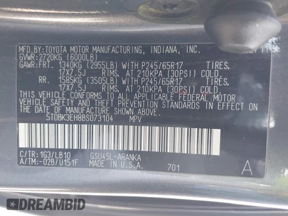 ✅ 2011 Toyota Highlander • VIN: 5TDBK3EH8BS073104 • Lot: 42559599. Listed on IAAI with 183,610 mi. Free auction sales archive from the USA and detailed vehicle history report at DreamBid. Image 9.