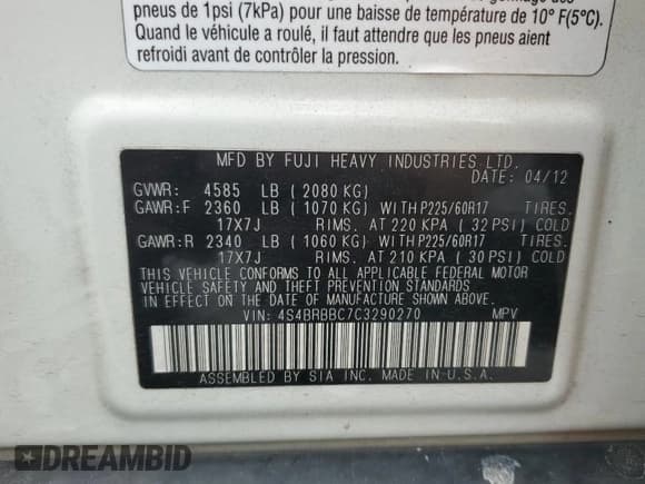 ✅ 2012 Subaru Outback Prem • VIN: 4S4BRBBC7C3290270 • Лот: 71310025. Опубликован ранее на Copart с пробегом 145 335 миль. Бесплатный доступ к архиву аукционных продаж из США и подробный отчёт об истории автомобиля на DreamBid. Изображение 14.