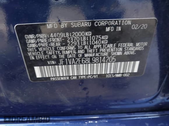 ✅ 2020 Subaru WRX STI • VIN: JF1VA2E68L9814205 • Lot: 43201736. Listed on IAAI with 62,329 mi. Free auction sales archive from the USA and detailed vehicle history report at DreamBid. Image 9.