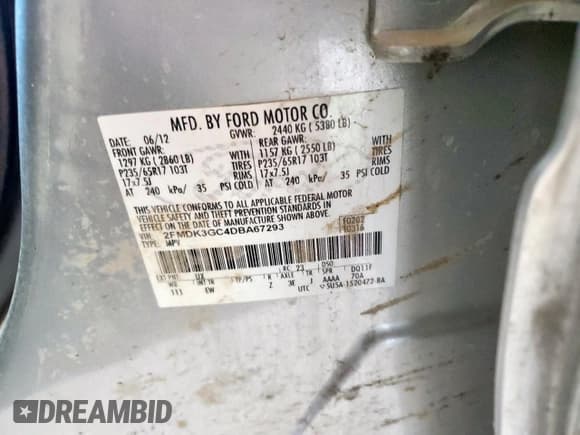 ✅ 2013 Ford Edge SE • VIN: 2FMDK3GC4DBA67293 • Lot: 80958955. Listed on Copart with 152,510 mi. Free auction sales archive from the USA and detailed vehicle history report at DreamBid. Image 13.