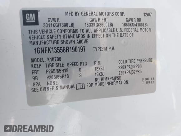 ✅ 2008 Chevrolet Tahoe • VIN: 1GNFK13558R190197 • Lot: 42874550. Wystawiony na IAAI z przebiegiem Nie podano. Bezpłatny archiwum sprzedaży aukcyjnych z USA i szczegółowy raport historii pojazdu na DreamBid. Zdjęcie 9.