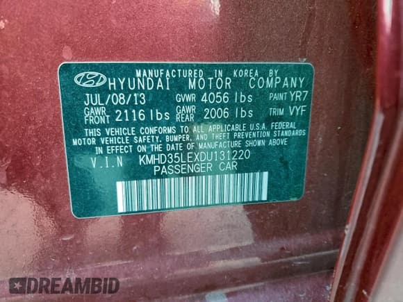 ✅ 2013 Hyundai Elantra • VIN: KMHD35LEXDU131220 • Lot: 95278325. Listed on Copart with 167,706 mi. Free auction sales archive from the USA and detailed vehicle history report at DreamBid. Image 13.