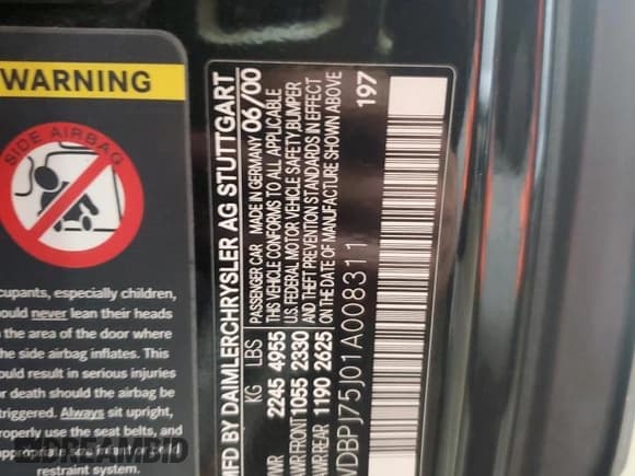 ✅ 2001 Mercedes-Benz CL 500/600 • VIN: WDBPJ75J01A008311 • Lot: 51051745. Listed on Copart with 178,423 mi. Free auction sales archive from the USA and detailed vehicle history report at DreamBid. Image 12.