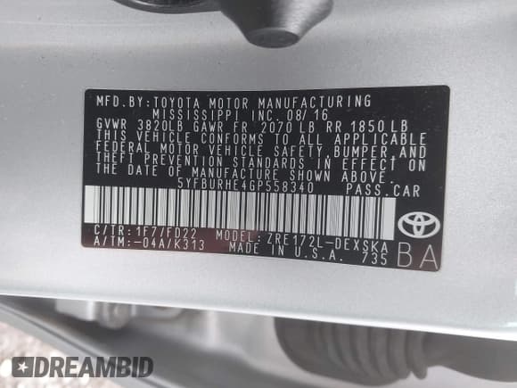 ✅ 2016 Toyota Corolla L • VIN: 5YFBURHE4GP558340 • Lot: 43765935. Listed on IAAI with 82,223 mi. Free auction sales archive from the USA and detailed vehicle history report at DreamBid. Image 9.