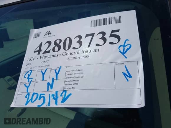 ✅ 2006 GMC Sierra 1500 SLE1 • VIN: 2GTEC13T761142433 • Lot: 42803735. Listed on IAAI with 205,142 mi. Free auction sales archive from the USA and detailed vehicle history report at DreamBid. Image 12.