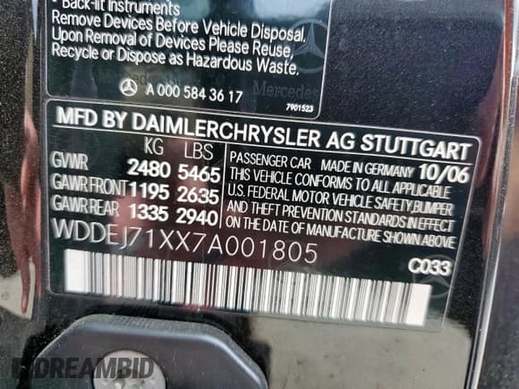 ✅ 2007 Mercedes-Benz CL 550 • VIN: WDDEJ71XX7A001805 • Lot: 90420775. Listed on Copart with 55,609 mi. Free auction sales archive from the USA and detailed vehicle history report at DreamBid. Image 12.