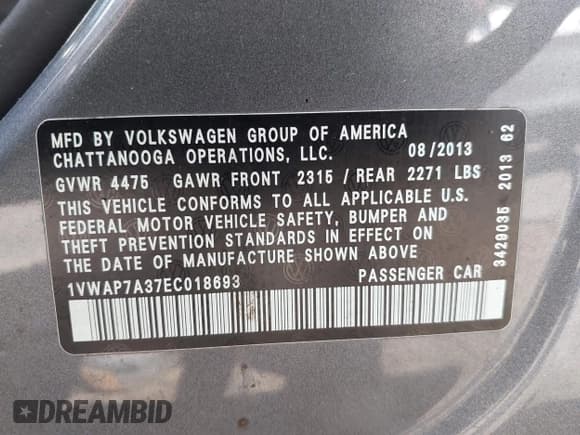 ✅ 2014 Volkswagen Passat S • VIN: 1VWAP7A37EC018693 • Lot: 42463719. Listed on IAAI with 143,105 mi. Free auction sales archive from the USA and detailed vehicle history report at DreamBid. Image 9.