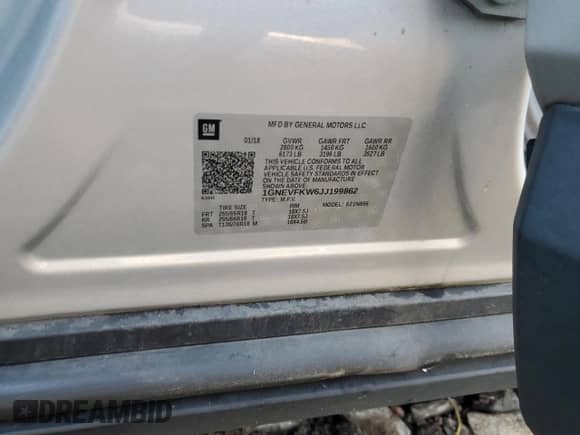 2018 Chevrolet Traverse LS with VIN 1GNEVFKW6JJ199862, listed as a Copart auction lot 69984765 with 74,949 mi miles and Salvage title. Bid and sale history available at DreamBid. Image 13.