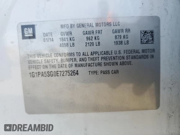 ✅ 2014 Chevrolet Cruze LS • VIN: 1G1PA5SG0E7275264 • Lot: 91307435. Listed on Copart with 81,652 mi. Free auction sales archive from the USA and detailed vehicle history report at DreamBid. Image 12.