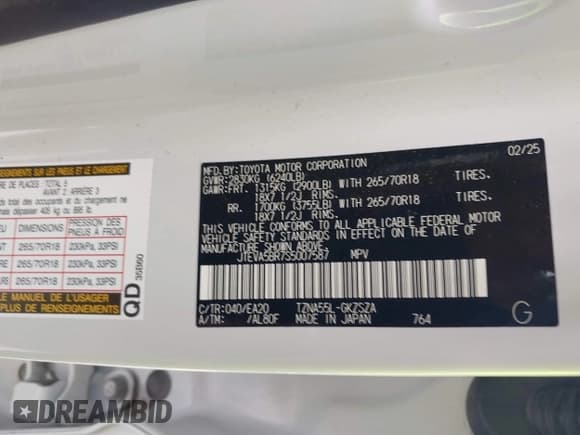 ✅ 2025 Toyota 4Runner TRD Sport Premium • VIN: JTEVA5BR7S5007587 • Lot: 43510362. Listed on IAAI with 9,487 mi. Free auction sales archive from the USA and detailed vehicle history report at DreamBid. Image 9.