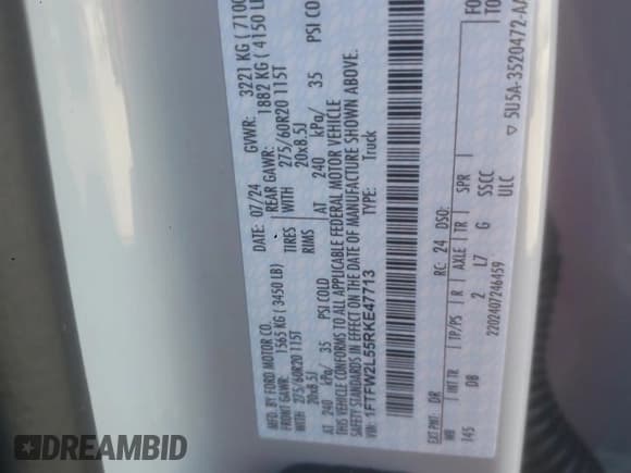 ✅ 2024 Ford F-150 STX • VIN: 1FTFW2L55RKE47713 • Лот: 92583915. Опубликован ранее на Copart с пробегом 24 469 миль. Бесплатный доступ к архиву аукционных продаж из США и подробный отчёт об истории автомобиля на DreamBid. Изображение 12.