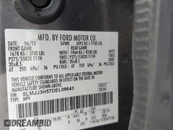 ✅ 2013 Lincoln Navigator • VIN: 5LMJJ3H57DEL08643 • Lot: 57130835. Listed on Copart with 156,106 mi. Free auction sales archive from the USA and detailed vehicle history report at DreamBid. Image 13.