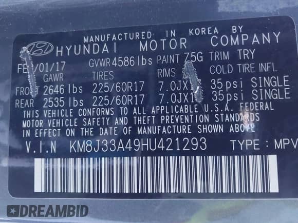 2017 Hyundai Tucson SE with VIN KM8J33A49HU421293, listed as a IAAI auction lot 43470850 with 57,198 mi miles and . Bid and sale history available at DreamBid. Image 9.