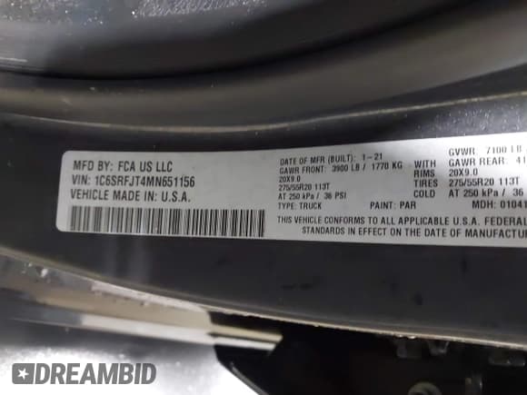 ✅ 2021 Ram 1500 Laramie • VIN: 1C6SRFJT4MN651156 • Lot: 43375106. Listed on IAAI with 40,296 mi. Free auction sales archive from the USA and detailed vehicle history report at DreamBid. Image 9.