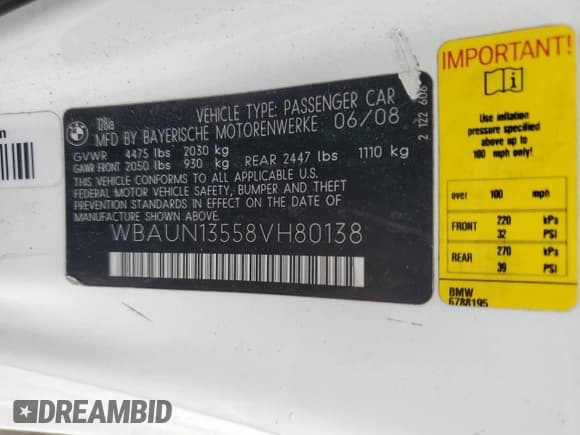 ✅ 2008 BMW 1 Series 128i • VIN: WBAUN13558VH80138 • Lot: 72604234. Wystawiony na Copart z przebiegiem 153 055 mil. Bezpłatny archiwum sprzedaży aukcyjnych z USA i szczegółowy raport historii pojazdu na DreamBid. Zdjęcie 12.