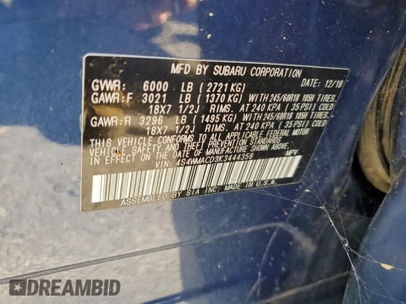 ✅ 2019 Subaru Ascent Premium • VIN: 4S4WMACD3K3444358 • Lot: 94775375. Listed on Copart with 136,407 mi. Free auction sales archive from the USA and detailed vehicle history report at DreamBid. Image 12.