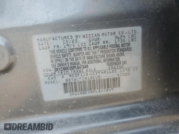 ✅ 2023 Nissan Versa SV • VIN: 3N1CN8EV8PL847849 • Лот: 80565695. Опубликован ранее на Copart с пробегом 52 048 миль. Бесплатный доступ к архиву аукционных продаж из США и подробный отчёт об истории автомобиля на DreamBid. Изображение 13.