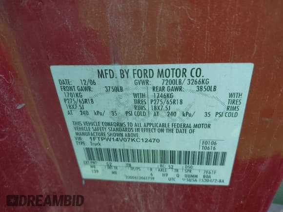 ✅ 2007 Ford F-150 XLT • VIN: 1FTPW14V07KC12470 • Lot: 43061367. Listed on IAAI with 297,939 mi. Free auction sales archive from the USA and detailed vehicle history report at DreamBid. Image 9.