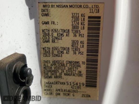 ✅ 2019 Nissan Titan S • VIN: 1N6AA1R7XKN515419 • Lot: 50152875. Wystawiony na Copart z przebiegiem 94 770 mil. Bezpłatny archiwum sprzedaży aukcyjnych z USA i szczegółowy raport historii pojazdu na DreamBid. Zdjęcie 12.