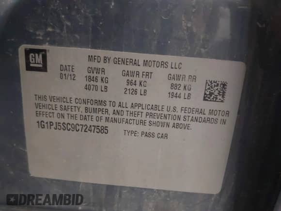 2012 Chevrolet Cruze ECO z VIN 1G1PJ5SC9C7247585, wystawiony jako IAAI lot #43576547 z przebiegiem 245 924 mil mil oraz . Historia ofert i sprzedaży dostępna na DreamBid. Obrazek 9.