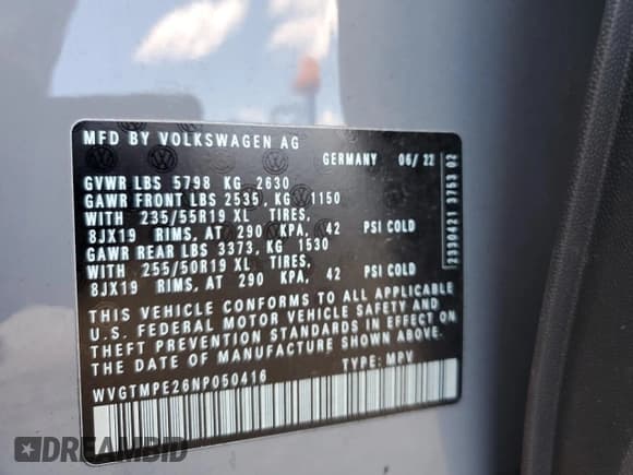 ✅ 2022 Volkswagen ID.4 Pro S • VIN: WVGTMPE26NP050416 • Lot: 70428625. Listed on Copart with 20,840 mi. Free auction sales archive from the USA and detailed vehicle history report at DreamBid. Image 14.