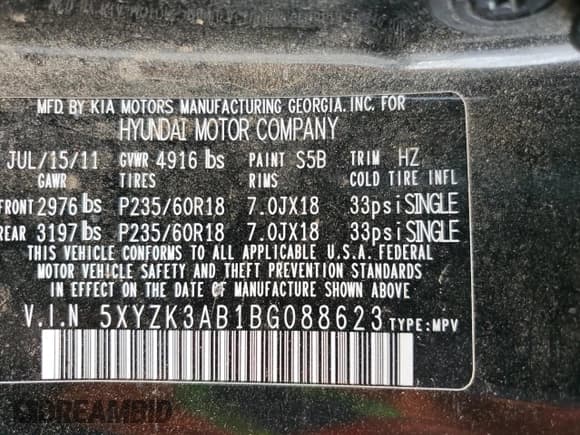 ✅ 2011 Hyundai Santa Fe Limited • VIN: 5XYZK3AB1BG088623 • Lot: 61277864. Listed on Copart with 187,681 mi. Free auction sales archive from the USA and detailed vehicle history report at DreamBid. Image 14.