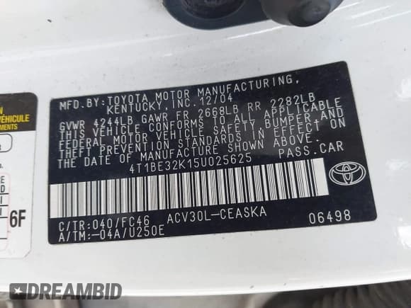 ✅ 2005 Toyota Camry LE • VIN: 4T1BE32K15U025625 • Lot: 43680737. Listed on IAAI with 218,341 mi. Free auction sales archive from the USA and detailed vehicle history report at DreamBid. Image 9.