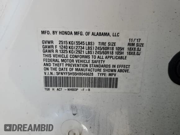 ✅ 2017 Honda Pilot EX-L • VIN: 5FNYF5H55HB046628 • Lot: 92453365. Listed on Copart with 129,256 mi. Free auction sales archive from the USA and detailed vehicle history report at DreamBid. Image 13.