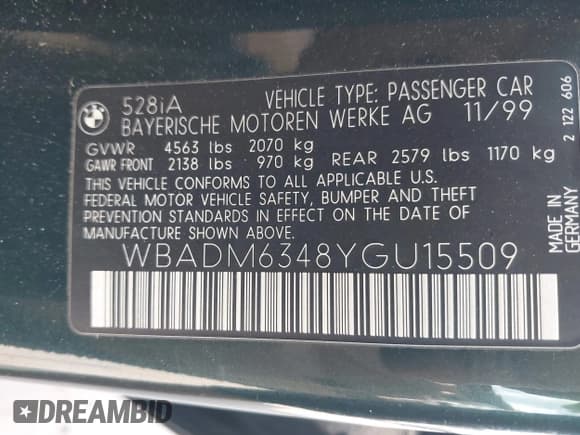 ✅ 2000 BMW 5 Series 528i • VIN: WBADM6348YGU15509 • Lot: 43055627. Listed on IAAI with 139,955 mi. Free auction sales archive from the USA and detailed vehicle history report at DreamBid. Image 9.