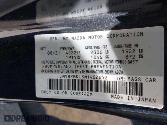 ✅ 2021 Mazda 3 Select • VIN: JM1BPBKL3M1402652 • Lot: 42208110. Listed on IAAI with 19,002 mi. Free auction sales archive from the USA and detailed vehicle history report at DreamBid. Image 9.