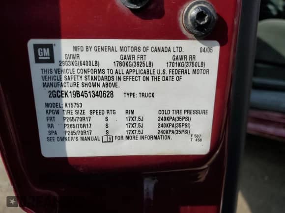✅ 2005 Chevrolet Silverado 1500 Z71 • VIN: 2GCEK19B451340628 • Lot: 71992534. Wystawiony na Copart z przebiegiem Nie podano mil. Skorzystaj z bezpłatnego archiwum sprzedaży aukcyjnych z USA i zobacz szczegółowy raport historii pojazdu na DreamBid. Zdjęcie 12.