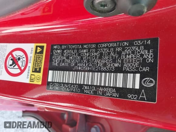 ✅ 2014 Lexus CT 200h • VIN: JTHKD5BH1E2188373 • Лот: 43488606. Опубликован ранее на IAAI с пробегом 158 335 миль. Бесплатный доступ к архиву аукционных продаж из США и подробный отчёт об истории автомобиля на DreamBid. Изображение 9.