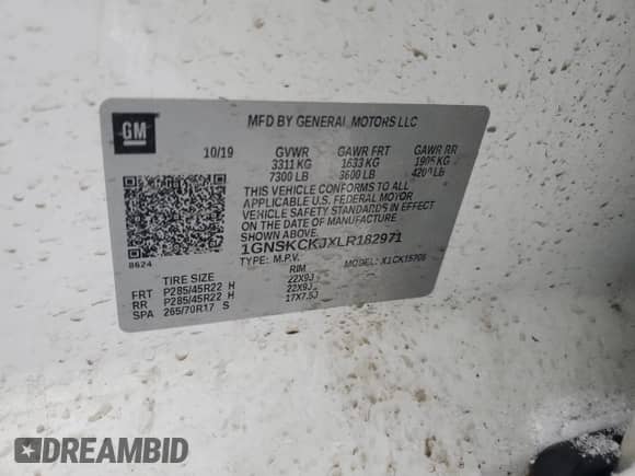 2020 Chevrolet Tahoe Premier with VIN 1GNSKCKJXLR182971, listed as a Copart auction lot 87268634 with 210,000 mi miles and Salvage title. Bid and sale history available at DreamBid. Image 15.