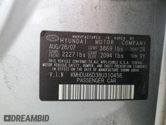 2008 Hyundai Elantra GLS z VIN KMHDU46D38U310456, wystawiony jako Copart lot #76374864 z przebiegiem 191 010 mil mil oraz Szkoda całkowita • Salvage title. Historia ofert i sprzedaży dostępna na DreamBid. Obrazek 12.